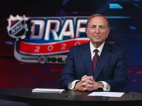 NHL commissioner Gary Bettman prepares for the first round of the 2020 NHL draft at the NHL Network Studio on Tuesday, Oct. 6, 2020 in Secaucus, N.J..