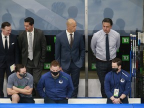 Manny Malhotra (third from left) will be tasked with helping spark the Maple Leafs' power play when he begins his tenure as an assistant coach in Toronto.