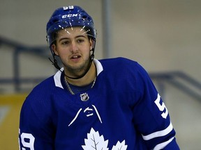 Maple Leafs prospect Jeremy Bracco skates during the 2017 NHL Rookie Showcase at the Mattamy Centre in Toronto on August 28, 2017.