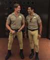 Mark Consuelos (right) dressed as CHiPS character Ponch.