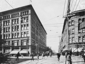 Queen St. looking west across Yonge St., c1900. The Simpson department store is on the left of the view with Philip Jamieson's clothing store on the right. Both buildings are still there.