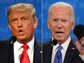 This combination of pictures shows U.S. President Donald Trump and Democratic Presidential candidate and former U.S. Vice President Joe Biden during the final presidential debate at Belmont University in Nashville, Oct. 22, 2020.