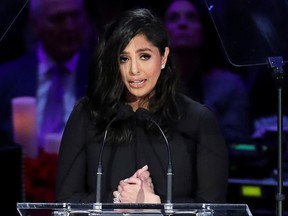 Vanessa Bryant speaks during a public memorial for her late husband, NBA great Kobe Bryant, her daughter Gianna and seven others killed in a helicopter crash on January 26, at the Staples Center in Los Angeles February 24, 2020.