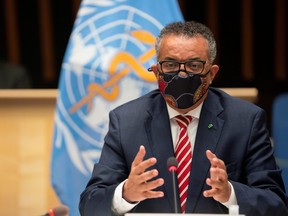 Tedros Adhanom Ghebreyesus, director general of the World Health Organization (WHO) attends a session on the COVID-19 outbreak response of the WHO Executive Board in Geneva, Switzerland, Oct. 5, 2020.
