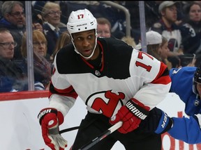 New Jersey Devils forward Wayne Simmonds plays the Winnipeg Jets in Winnipeg on Nov. 5, 2019.