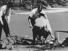 Sgt.-Maj. Walter Leja (left) sprawled on the ground after he tried to dispose of a bomb planted by the FLQ. Leja survived the blast.