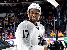 Wayne Simmonds reacts after being named the 2017 Honda Ridgeline NHL All-Star MVP following the 2017 Honda NHL All-Star Tournament Final at Staples Center in Los Angeles, Jan. 29, 2017.