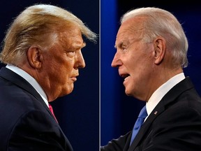 This combination of pictures created on October 22, 2020 shows US President Donald Trump (L) and Democratic Presidential candidate and former US Vice President Joe Biden during the final presidential debate at Belmont University in Nashville, Tennessee, on October 22, 2020.