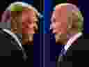 This combination of pictures created on October 22, 2020 shows US President Donald Trump (L) and Democratic Presidential candidate and former US Vice President Joe Biden during the final presidential debate at Belmont University in Nashville, Tennessee, on October 22, 2020. 