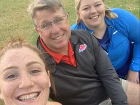 Canadian shot putters Sarah Mitton, coach Richard Parkinson and Brittany Crew. Supplied photo