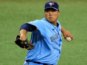 Hyun-Jin Ryu #99 of the Toronto Blue Jays pitches during Game Two of the American League Wild Card Series against the Tampa Bay Rays at Tropicana Field on September 30, 2020 in St Petersburg, Florida.