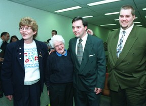 (left to right) Janet Jessop, mother of Christine Jessop, Ida Morin, mom of Guy Paul, Guy Paul Morin and Ken Jessop, Christine's brother, pose together for a photo in 1998.