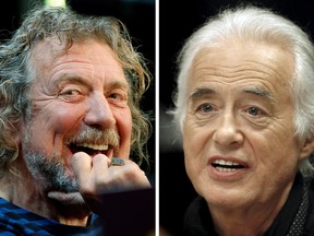 Led Zeppelin lead singer Robert Plant (left) and guitarist Jimmy Page (right) are shown in these Oct. 9, 2012 and July 21, 2015 file photos in New York and Toronto.