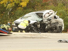 The 19-year-old driver of this crumpled Honda Civic was killed in a three-vehicle crash in Port Credit, on Hwy. 10 near Mineola Rd., on Saturday, Oct. 10, 2020.