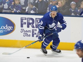 Jason Spezza #19 of the Toronto Maple Leafs warms up prior to action against the Anaheim Ducks in an NHL game at Scotiabank Arena on February 7, 2020 in Toronto.