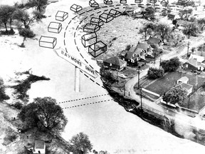 The Toronto Telegram newspaper featured this modified aerial view of the Town of Weston’s Raymore Dr.  It shows the original route of the street and the sketched in location of the houses that were swept away when the roaring Humber River was deflected from its natural banks when a small pedestrian footbridge (dotted lines show it's location) collapsed into the river. A total of 36 neighbours living on Raymore Dr. were victims of Hurricane Hazel’s wrath.