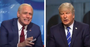 Jim Carrey as Joe Biden (left) and Alec Baldwin as Donald Trump on Saturday Night Live.