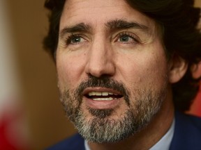 Prime Minister Justin Trudeau takes part in a press conference during the COVID pandemic in Ottawa on Friday, Oct. 16, 2020.