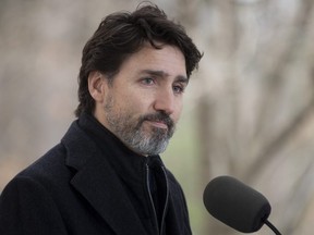 Prime Minister Justin Trudeau is pictured at a  news conference on Nov. 20, 2020, outside Rideau Cottage in Ottawa.
