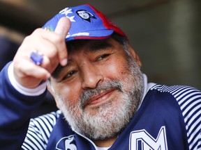 Diego Maradona, head coach of Gimnasia y Esgrima La Plata, gestures before a match between Aldosivi and Gimnasia y Esgrima La Plata as part of Superliga 2019/20 at Estadio Jose Maria Minella on November 10, 2019 in Mar del Plata, Argentina.