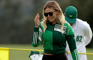 Paulina Gretzky, fiancée of Dustin Johnson of the United States (not pictured), reacts on the 18th green after Johnson won the Masters at Augusta National Golf Club on November 15, 2020 in Augusta, Georgia.