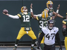 Green Bay Packers quarterback Aaron Rodgers celebrates a touchdown earlier this season.