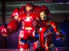Iron ManÕs latest suit, along with the Hulkbuster (back) at Iron Man's Gallery at the Marvel Avengers S.T.A.T.I.O.N. interactive exhibit at Yorkdale Shopping Centre in Toronto, Ont. on Thursday November 12, 2020. The 25,000 square foot exhibit - which will be running at less than 10 per cent capacity - starts November 20 and runs until January 31.