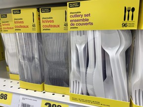 Disposable cutlery for sale at a Real Canadian Superstore in Calgary are seen on Wednesday, Oct. 7, 2020.