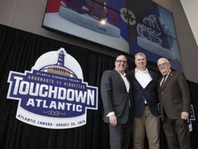 From left: Anthony LeBlanc, founding partner, Schooners Sports and Entertainment, CFL commissioner Randy Ambrosie, and Greg Turner, Councillor-at-Large and Deputy Mayor, City of Moncton pose for a photo during a press conference last March.