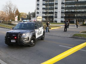 Toronto Police at the scene of a shooting at 25 Strong Ct. in North York on Saturday, November 7, 2020.