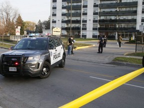 Police investigate after a shooting at 25 Strong Ct. in North York on Saturday November 7, 2020.