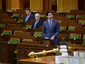 Pime Minister Justin Trudeau delivers a statement in the House of Commons on Parliament Hill in Ottawa on Thursday, Nov. 5, 2020.