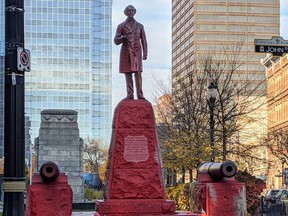 An image of the vandalized statue of Sir John A. Macdonald in Hamilton