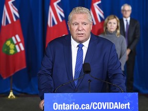 Ontario Premier Doug Ford holds a press conference during the COVID-19 pandemic in Toronto on Friday, Oct. 2, 2020.