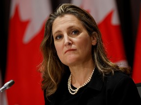 Deputy Prime Minister and Minister of Finance Chrystia Freeland takes part in a news conference on Parliament Hill in Ottawa September 24, 2020.