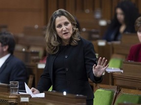 Deputy Prime Minister and Minister of Finance Chrystia Freeland responds to a question during Question Period in the House of Commons Monday November 23, 2020 in Ottawa.