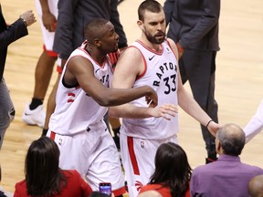 Veteran big men Serge Ibaka (left) and Marc Gasol — who recently signed free-agent contracts with the L.A. Clippers and Lakers, respectively — were key components of the Raptors’ NBA championship run of 2018-19.
