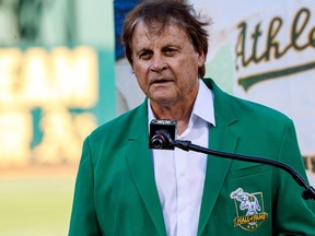 Former manager Tony La Russa of the Oakland Athletics is inducted in the team's Hall of Fame before the game against the Texas Rangers at the RingCentral Coliseum on Sept. 21, 2019 in Oakland, Calif.