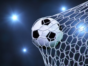 A soccer ball hits the back of the net.
