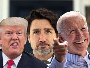 U.S. President Donald Trump, from left, Prime Minister Justin Trudeau, and U.S. President-elect Joe Biden.