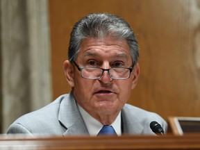 Sen. Joe Manchin (D-WV) questions Ajit Pai, Chairman of the Federal Communications Commission, during his testimony before an oversight hearing to examine the Federal Communications Commission spectrum auctions program for fiscal year 2021 on June 16, 2020 in Washington, D.C.