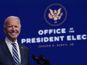 WILMINGTON, DELAWARE - NOVEMBER 10: U.S. President-elect Joe Biden addresses the media about the Trump AdministrationÕs lawsuit to overturn the Affordable Care Act on November 10, 2020 at the Queen Theater in Wilmington, Delaware. Mr. Biden also answered questions about the process of the transition and how a Biden Administration would work with Republicans. (Photo by Joe Raedle/Getty Images)