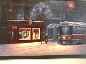 Commissioned portrait by artist Catherine Jeffries shows Mary Macleod waiting for the streetcar in front of her holiday decorated bakery shop at 639 Queen in Toronto