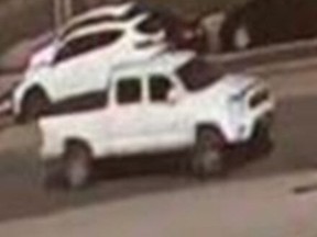 An image released by Toronto Police of a white Toyota Tacoma sought in a hit-and-run Sept. 17, 2020 at the intersection of Belfield Road and Martin Grove Road.
