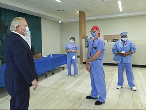Ontario Premier Doug Ford delivers baked goods and coffee to frontline workers at Humber River Hospital ahead of the Ontario budget during the COVID-19 pandemic in Toronto on Thursday, Nov. 5, 2020.