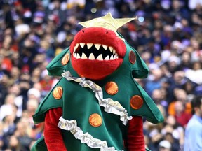 The Raptor dressed as a Christmas Tree during an NBA game between the Boston Celtics and the Toronto Raptors at Scotiabank Arena on Dec. 25, 2019.