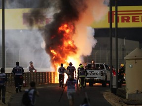 A fire is pictured following the crash of Romain Grosjean during the F1 Grand Prix of Bahrain at Bahrain International Circuit on Sunday, Nov. 29, 2020.