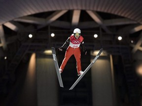 Ski jumper Mackenzie Boyd-Clowes of Canada competes in the 2018 Winter Olympics.
