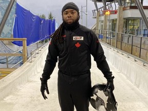 Shaq Murray-Lawrence on the bobsled track in Whistler, B.C.