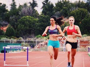 Steeplechasers Chantelle Groenewoud (left) and Jessica Furlan training in 2016.